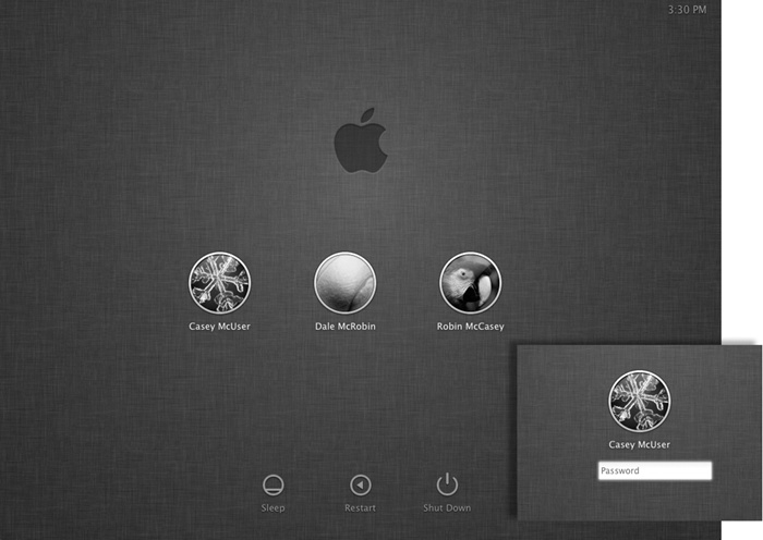 On Macs used by multiple people, this is one of the first things you see upon turning on the computer. Click your name. (If the list is long, you may have to swipe the trackpad to find your name—or just type its first few letters.)Inset: At this point, you’re asked to type in your password. Type it, and then click Log In (or press Return). If you type the wrong password, the box vibrates, shaking its little dialog-box head, suggesting that you guess again.