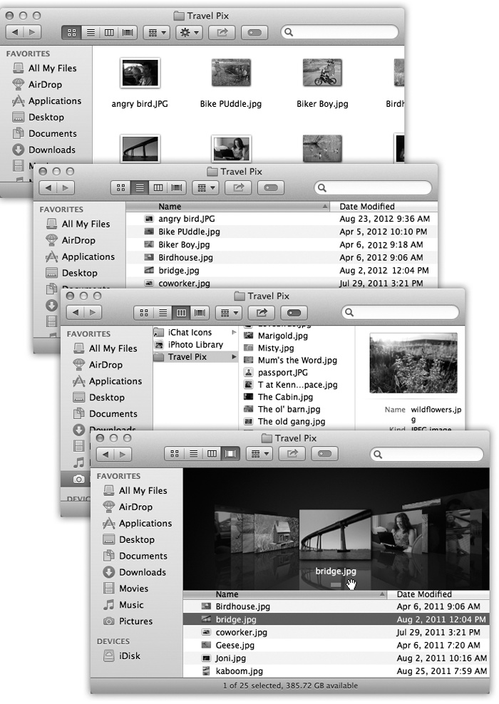 From the top: the same window in icon view, list view, column view, and Cover Flow view. Very full folders are best navigated in list or column views, but you may prefer to view emptier folders in icon or Cover Flow views, because larger icons are easier to preview and click. Remember that in any view (icon, list, column, or Cover Flow), you can highlight an icon by typing the first few letters of its name. In icon, list, or Cover Flow views, you can also press Tab to highlight the next icon (in alphabetical order), or Shift-Tab to highlight the previous one.