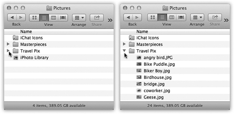 Click a “flippy triangle” (left) to see the list of the folders and files inside that folder (right). Or press the equivalent keystrokes: (to open) and (to close).