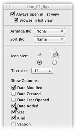 The checkboxes you turn on in the View Options dialog box determine which columns of information appear in a list-view window. Many people live full and satisfying lives with only the three default columns—Date Modified, Kind, and Size—turned on. But the other columns can be helpful in special circumstances; the trick is knowing what information appears there.