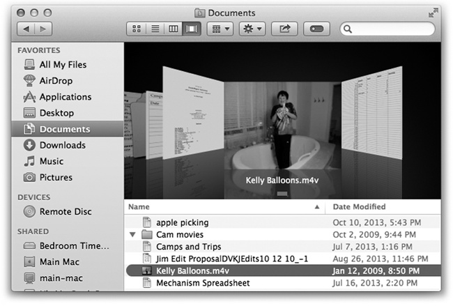 The top half of a Cover Flow window is an interactive, scrolling “record bin” full of your own stuff. It’s especially useful for photos, PDF files, Office documents, and text documents. When a PDF or presentation document comes up in this virtual data jukebox, you can click the arrow buttons to page through it; for a movie, click the little button to play the video, right in place.