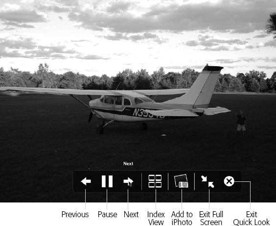 Once the slideshow is under way, you can use this control bar. It lets you pause the slideshow, move forward or backward manually, enlarge the current “slide” to fill the screen, or end the show. (The iPhoto button appears only when displaying photos.) The Index view is especially handy. (You can press ⌘-Return to “click” the Index View button.) It displays an array of labeled miniatures, all at once—a sort of Exposé for Quick Look. Click a thumbnail to jump directly to the Quick Look document you want to inspect.