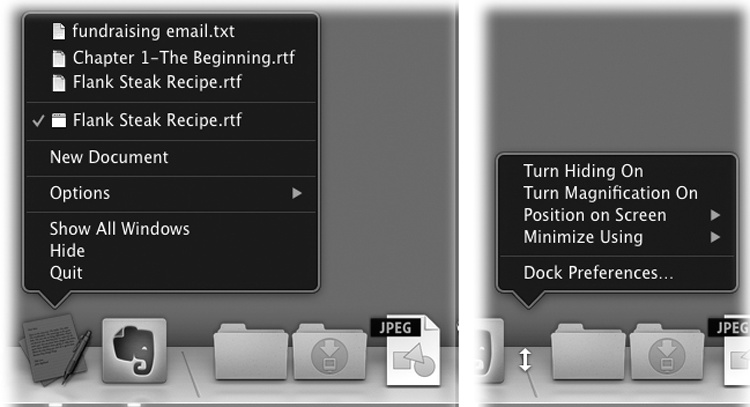 Left: Right-click or two-finger click a Dock icon to open the secret menu. In certain recent programs, the top half of the menu lists recently opened documents, followed by currently open ones.Right: Right-click or two-finger click the divider bar to open a different hidden menu. This one lists a bunch of useful Dock commands, including the ones listed in the →Dock submenu.