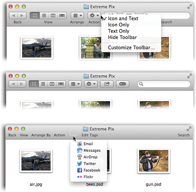 If you right-click (or two-finger click) a blank spot on the toolbar, you get a pop-up menu that offers you a choice of looks for the buttons here: Icon and Text, Icon Only, or Text Only. In Text Only mode (bottom), the four View buttons are replaced by a little pop-up menu called View. Furthermore, the search box turns into a one-word button called Search. Clicking it brings up the Searching window.