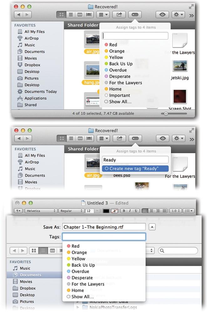 Use the File menu, menu, or shortcut menu to apply label tags to highlighted icons. You can even apply a label within an icon’s Get Info dialog box.Middle: The same menu is your opportunity to create (and simultaneously apply) a new tag. Just type it.Bottom: You can also apply a tag—or even create a new one—at the moment you’re saving a new document. Just type the new tag names into the Tags box that appears just below the Save As box.