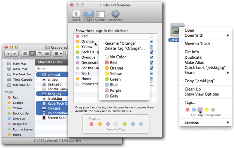 Middle: In Finder→Preferences→Tags, you can right-click a tag for the shortcut menu shown here. It lets you rename a tag, delete it, or choose a different color.Left: You can install some favored tags in the Sidebar.Right: An even smaller set of favorites appears in Finder menus and shortcut menus.