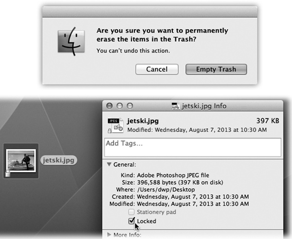 Top: Your last warning. OS X doesn’t tell you how many items are in the Trash or how much disk space they take up.Bottom: The Get Info window for a locked file. Locking a file in this way isn’t military-level security by any stretch—any passing evildoer can unlock the file in the same way. But it does trigger a warning when you try to put it into the Trash, providing at least one layer of protection against losing or deleting it.