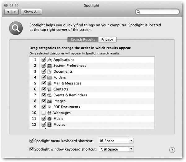 Here’s where you can specify what categories of icons you want Spotlight to search, which order you want them listed in the Spotlight menu, and what keystroke you want to use for highlighting the Spotlight search box.