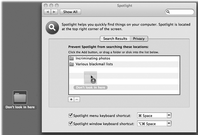 You can add disks, partitions, or folders to the list of nonsearchable items by dragging them into this window. Or, if the private items aren’t visible at the moment, you can click the button, navigate to your hard drive, select the item, and then click Choose. To remove something from this list, click it and then press the Delete key or click the button.