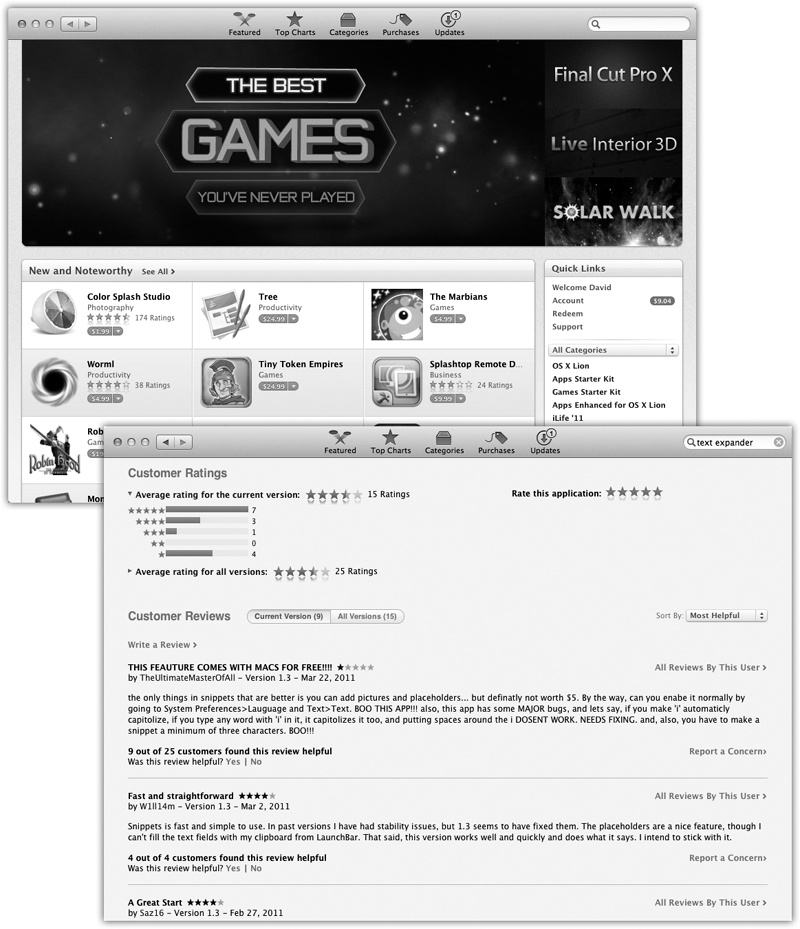 Top: Mastering the App Store won’t take you much time; just about everything you need is in the toolbar at the top, including a search box and buttons like Featured, Top Charts, and Categories, which are meant to help you dive into the enormous catalog of Mac software. The remaining tab, Purchases, shows everything you’ve ever bought using your Apple account. If you visit this page using a different Mac, you can re-download anything you’ve bought—no charge.Bottom: As with the iPhone/iPad App Store, you can read reviews of each piece of software, written by other people who’ve tried it.