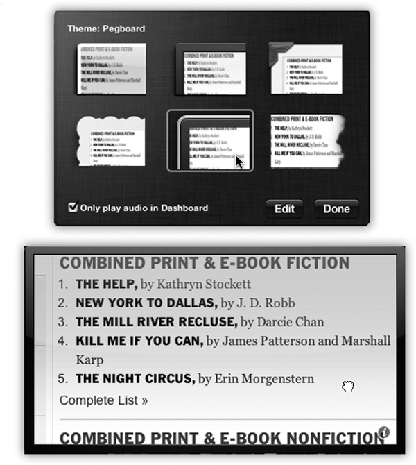 Top: Click a frame style to give your widget better-looking edges. If the widget plays sound, then it keeps playing when you close the Dashboard, unless you turn on “Only play audio in Dashboard.”Bottom: Click Edit to return to the front of the widget, where you can adjust its position on the underlying Web page.