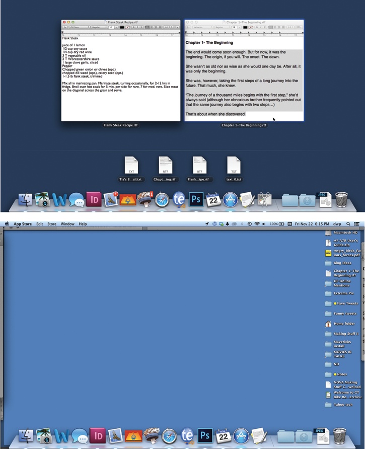 Top: When you trigger one-app Exposé, you get a clear shot at any window in the current program (TextEdit, in this example). In the meantime, the rest of your screen attractively dims. In model Apple apps, like TextEdit and Preview, you even get a little row of icons at the bottom. They represent recently opened files, ready for clicking.Bottom: Trigger desktop Exposé when you need to duck back to the desktop for a quick administrative chore. Here’s your chance to find a file, throw something away, eject a disk, or whatever, without having to disturb your application windows.Tap the same key again to turn off Exposé. Or click a window edge peeking out from all four edges of the screen.