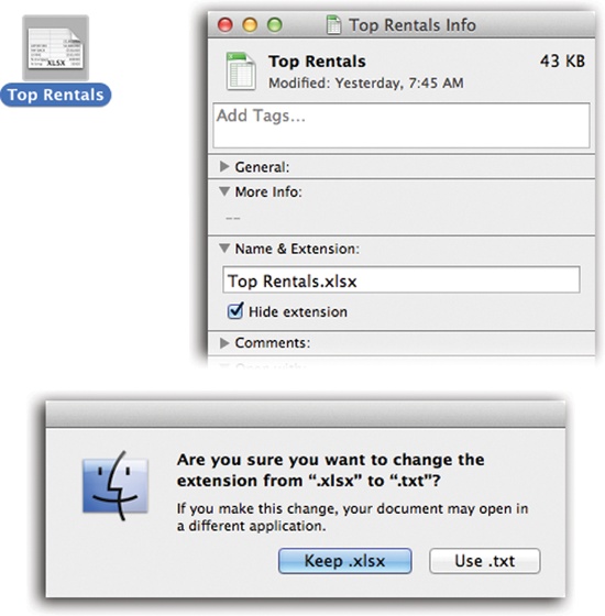 Top: In the Info window, open the Name & Extension pane. Now you can see what OS X really thinks your file is called. Turn “Hide extension” on if you’d rather not see the file name suffix in the Finder.Bottom: If you try to add a suffix of your own, OS X objects, in effect saying, “Hey—I’ve already got a file name extension for this, even if you can’t see it. Are you sure you know what you’re doing?” (And you can turn off this warning, if you like. Choose Finder→Preferences→Advanced pane. Turn off “Show warning before changing an extension.”)