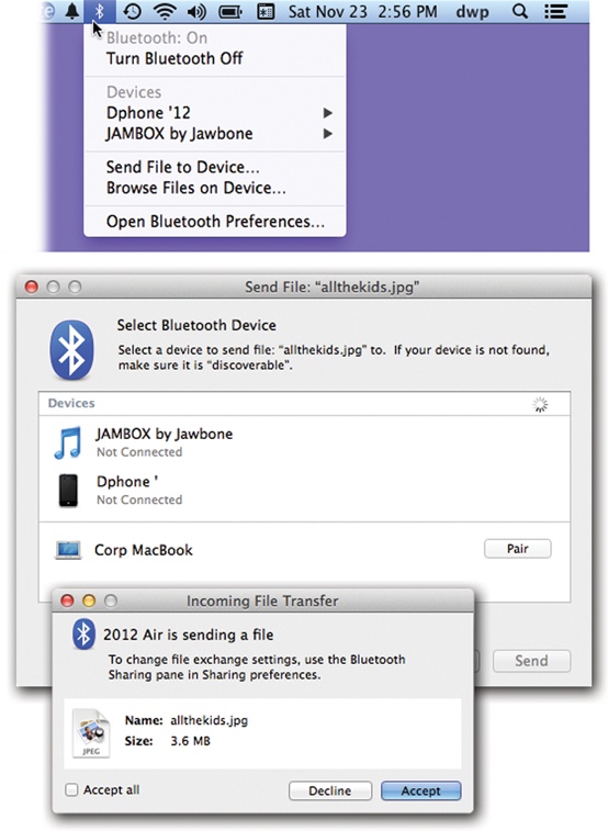 Top: Once your Mac is paired with the other gadget, it’s super-easy to shoot a file to it wirelessly. In this example, you’ll start by choosing Send File to Device. (But you could save the second step by choosing the gadget’s name from this menulet and then Send File from the submenu.)Not shown: The box where you’re asked to choose the file for sending.Middle: OK. The Mac is saying: “Send this file to what gadget?” Click the one you want. (If this is the first time, you might see the Pair button next to the discoverable gadget’s name. Click it to complete the introduction.)Bottom: This is the view from the receiving machine (a Mac, in this case). “Someone’s sending you a file. Do you want it?”