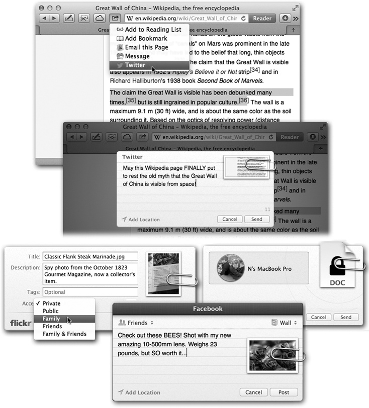 Top: Here’s how you might tweet a link to a page you find in Safari. Choose Twitter from the button; type a comment; click Send.Bottom: Here are some of the other share sheets you might encounter. Lower left: Posting a photo to Flickr. Lower right: Sending a file using AirDrop.Very bottom: Posting a photo to Facebook. Note the tiny pop-up menus. One lets you control who sees this post; the other specifies where it goes (which album, for example).