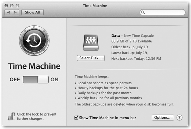 Use the big On/Off switch to shut off all Time Machine activity, although it would be hard to imagine why you’d want to risk it. You can click Select Disk to choose a different hard drive to represent the mirror of your main drive (after the first one is full, for example).