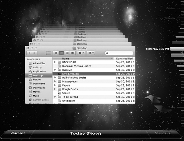 Top: Choose Enter Time Machine from the menulet. (If you don’t see this menulet, turn on “Show Time Machine status in the menu bar,” shown in Figure 5-13.)Bottom: This is the big payoff for all your efforts. The familiar desktop slides down, dropping away like a curtain. For the first time, you get to see what’s been behind the desktop all this time. Turns out it’s outer space. Time Machine shows you dozens of copies of the Finder window, representing its condition at each backup, stretching back to the past. If the “ruler tick marks” are both pink and gray, you’re seeing backups on both your laptop’s own hard drive and the usual external drive, as described earlier in this chapter.