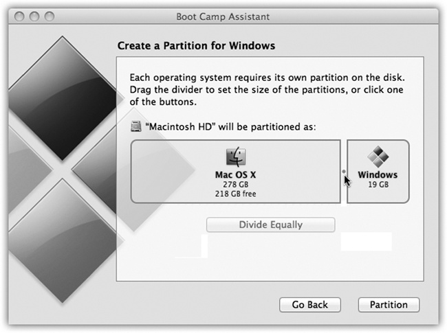 How much hard drive space do you want to dedicate to your “PC”? It’s not an idle question; whatever you give Windows is no longer available for your Mac. Drag the vertical handle between the Mac and Windows sides of this diagram.