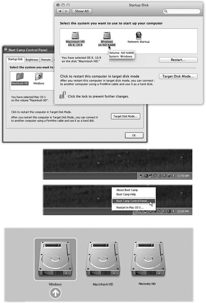 Top: To choose your preferred operating system—the one that starts up automatically unless you intervene—choose →System Preferences. Click Startup Disk, and then click the icon for either OS X or Windows. Next, either click Restart (if you want to switch right now) or close the panel. The identical controls are available when you’re running Windows, thanks to the new Boot Camp Control Panel.Middle: To open the Boot Camp control panel, choose its name from its icon in the Windows system tray.Bottom: This display, known as the Startup Manager, appears when you press Option during startup. It displays all the disk icons, or disk partitions, that contain bootable operating systems. Just click the name of the partition you want, and then click the Continue arrow.