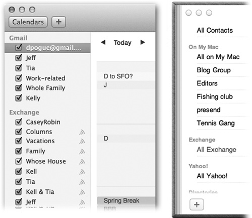 Once everything is hooked up, a new heading appears in Mail, Calendar (left), and Contacts (right), named after your Exchange account. That’s your corporate life, which you can hide and show at will.