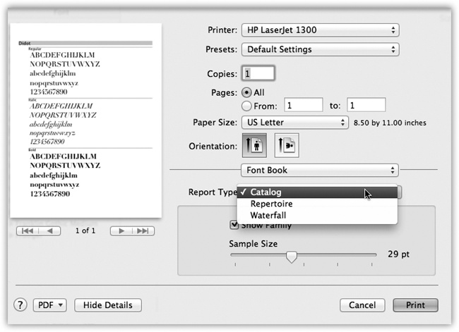 From the Report Type pop-up menu, choose the style you want. The preview screen shows you each one before you commit it to paper. Type-size controls always appear in the lower right.