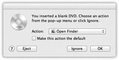 Choose Open Finder if you plan to copy regular Mac files onto the CD or DVD, or Open iTunes if you plan to burn a music CD using iTunes. (Click “Make this action the default” if you figure you’ll always answer this question the same way.) Click OK.To burn the disk, drag its icon onto the Burn icon in the Dock, or choose File→Burn Disc.