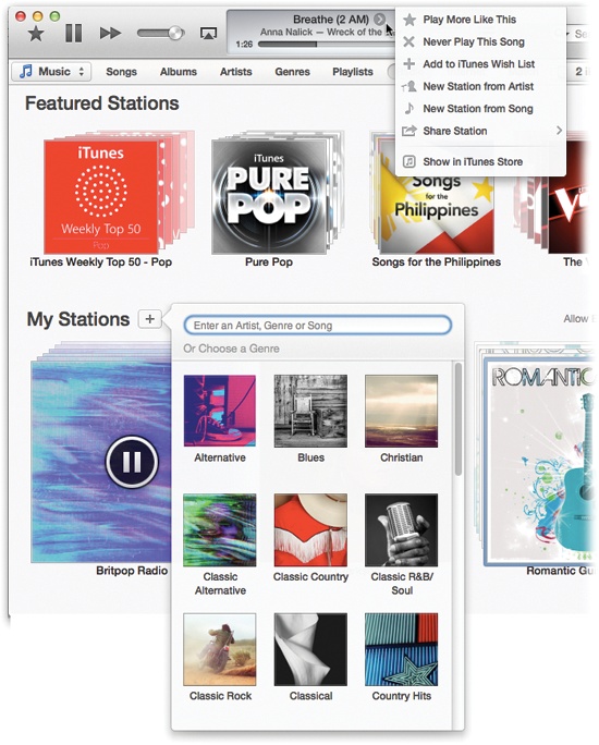 This composite illustration shows the most useful parts of iTunes Radio.Top: You can’t fast-forward or rewind within a Radio song. The progress bar is just a graph that shows you where you are in the song. The numbers on either side show you how far you are into the song and how much is left to play.What you can do, though, is click the > button to open this secret menu. Play More Like This and Never Play This Song let you fine-tune your “radio station,” tailoring it precisely to your tastes.Bottom: Here’s how you create a new station. Click a genre tile or type in a “seed” performer.