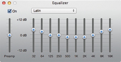 Drag the sliders (bass on the left, treble on the right) to accommodate the strengths and weaknesses of your speakers or headphones (and listening tastes). Or save yourself the trouble—use the pop-up menu above the sliders to choose a canned set of slider positions for Classical, Dance, Jazz, Latin, and so on. These settings even transfer to your i-gadgets.