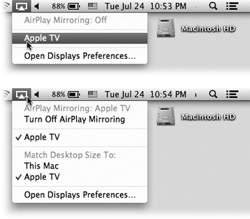 Make sure the Apple TV is on the same WiFi network as your Mac. At that point, the AirPlay menulet appears automatically.Top: From it, choose the name of your Apple TV, and presto: Whatever is playing on your Mac simultaneously plays on your big screen, both stereo audio and 720p hi-def video.To stop sending your Mac’s A/V to your TV, choose “AirPlay Mirroring: Off” from the same menulet.Bottom: Specify which screen you want to impose its shape and resolution: the Mac or the TV.