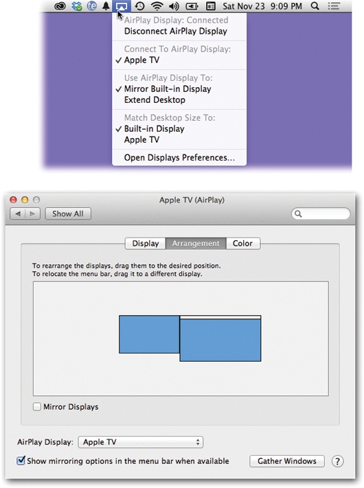 Top: Use the menulet to control whether the TV displays a mirror image of your Mac or an extension of it. To stop sending your Mac’s A/V to your TV, choose Disconnect AirPlay Display from the same menulet.Bottom: Whenever two monitors are going, the Arrangement tab lets you specify which one gets the menu bar, and where the monitors think they are relative to each other.