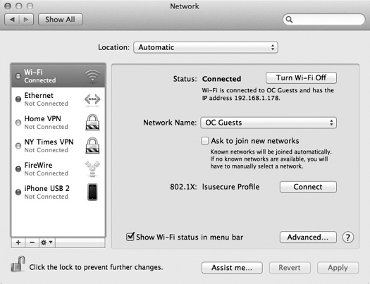 You set up all your network connections here, and you can connect to and disconnect from all your networks here. The listed network connections are tagged with color-coded dots. A green dot means turned on and connected to a network; yellow means the connection is working but some other setting is wrong (for example, your Mac can’t get an IP address); red means there’s no connection, or you haven’t yet set up a connection.