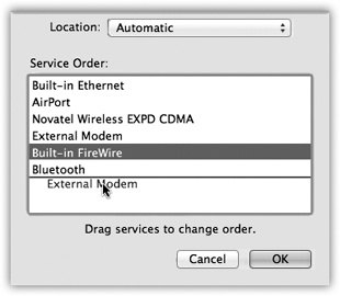 The key to multihoming is sliding the network connection methods’ names up or down. Note that you can choose a different connection sequence for each location. (Locations are described later in this chapter.)