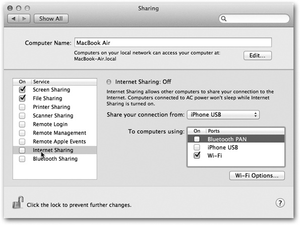 Ka-ching! You and your buddy just saved money. In this example, an iPhone is getting this Mac online. But it’s sharing that Internet connection with other Macs via WiFi. They can get online, too, even though they’re not directly connected to the iPhone.