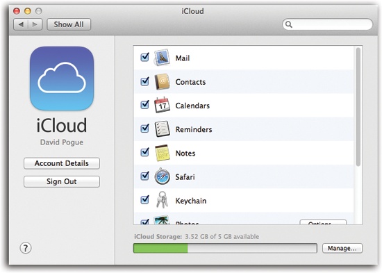 The headquarters of iCloud’s features. You’ll find a nearly identical panel on your iPhone, iPad, or iPod Touch (in Settings→iCloud).