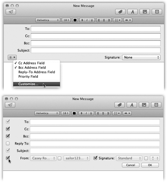 To redesign the New Message window, choose Customize from the little pop-up menu shown here (top). Now you get a full-scale model of the New Message window with all the available parts visible. Turn on the checkboxes of the pieces you want in your everyday email composing (bottom).
