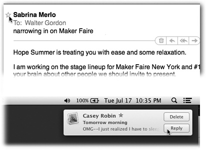Top: To designate a VIP, open a message she’s sent you. Point to her name. A hollow star appears; click there. The star darkens. (Or choose Add to VIPs from the pop-up menu that appears when you point to her name.) Note: If that person one day insults you, fires you, or dumps you, you can remove her VIP status by clicking that same star again.Bottom: OS X can alert you when VIP messages arrive. And in Mavericks, you can reply right on the spot.