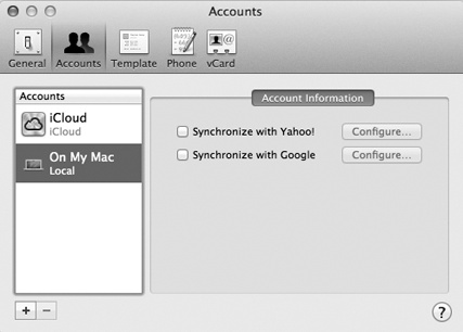 Contacts can sync your digital Rolodex with online contact managers like Yahoo and Google. Turn on the appropriate checkbox to enter your account name and password. For other account types, like Exchange, click the button below the list to begin.