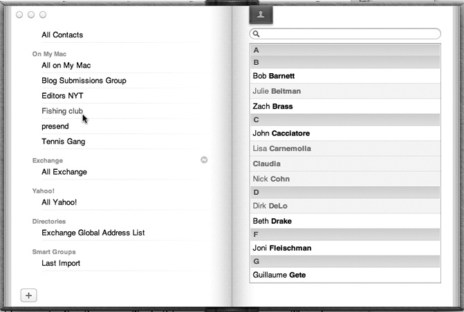 If you regularly send out a family newsletter to 35 relatives, you might gather the address cards of all your assorted siblings, cousins, nieces, nephews, uncles, and aunts into a single group called Family. When addressing an outgoing message using Mail, you can type this group name to reach all your kin at once.