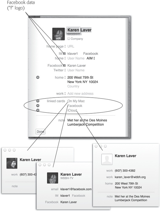 To see which accounts Contacts is combining for you for this person, scroll to the bottom of the card. There, the Linked Cards section shows you which cards have been unified. It might list, for example, On My Mac, Yahoo, and Facebook. In other words, this card’s underlying information comes from three different places: your Mac’s own Contacts list, your Yahoo address book, and this person’s Facebook page.You can click one of these gray links to open the corresponding, underlying card from just that service, as shown below.