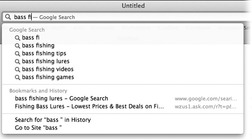 As you type, Safari offers autocomplete suggestions from Google’s own Suggest feature; below that, it shows the matching pages that you’ve either bookmarked or visited recently.To spare yourself the tedium of typing, click the correct complete address with your mouse, or use the key to reach the desired listing and then press Return. The complete address you select pops into the toolbar.