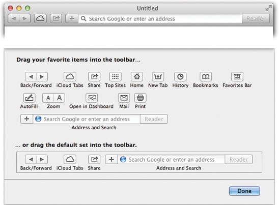 To summon this toolbar-tailoring screen, choose View→Customize Toolbar. Then drag the buttons you want directly onto the address bar.There’s no way to summon text labels for these icons once they’re on the toolbar. But all offer tooltip labels that you can read by pointing to the buttons without clicking.