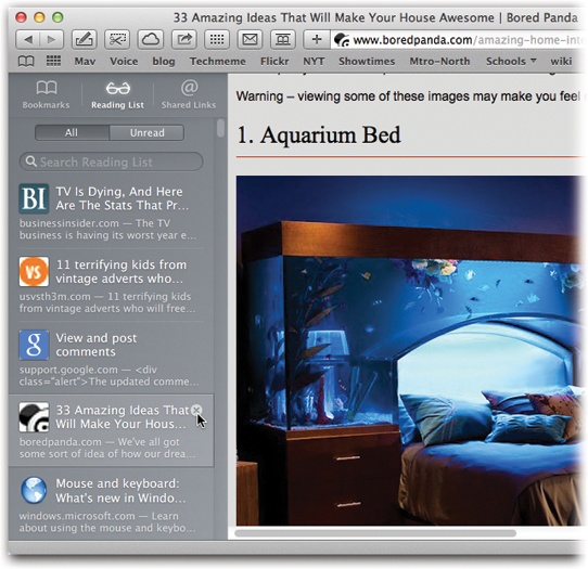 To revisit a page you’ve set aside in the Reading List, just click it. Screen out the pages you’ve already read by clicking the Unread tab at the top. Delete an entry by clicking the button that appears at the right side when you point there, as shown here by the cursor.