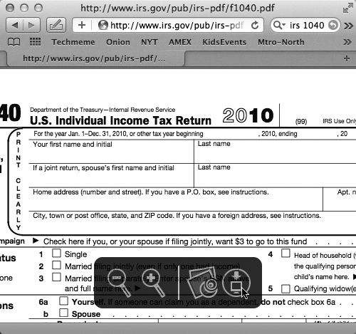 If you’re having trouble reading the tiny type in a PDF, point your mouse to the bottom of it to invoke Safari’s PDF toolbar. You can zoom out, zoom in, open the file in the Mac’s Preview program, or even download it from the Web site with a well-placed click.