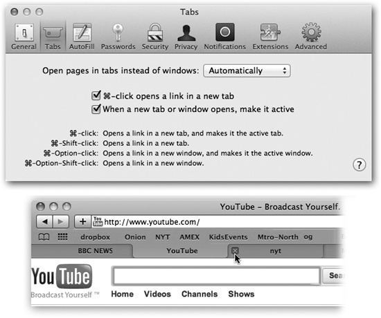 Top: Set up tabbed browsing in Safari’s Preferences→Tabs window. (For best results, turn on “When a new tab or window opens, make it active.”)Bottom: Now, when you ⌘-click a link, or type an address and press ⌘-Return or ⌘-Enter, you open a new tab, not a new window as you ordinarily would. You can now pop from one open page to another by clicking the tabs just under your Bookmarks bar, or close one by clicking its button (or pressing ⌘-W).