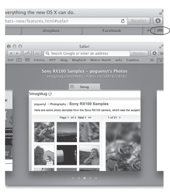 Tab View gives you a horizontally scrolling parade of miniatures so that you can easily spot what’s in your open tabs.To get here, pinch with two fingers on your trackpad, or click the Tab View button at the right end of the tabs themselves (circled).In Tab View, you can scroll among the tabs in the usual way (drag two fingers on your trackpad, for example). When you find the tab you want, click or press Enter.You can also back out of Tab View without switching tabs at all, just by spreading two fingers on the trackpad.