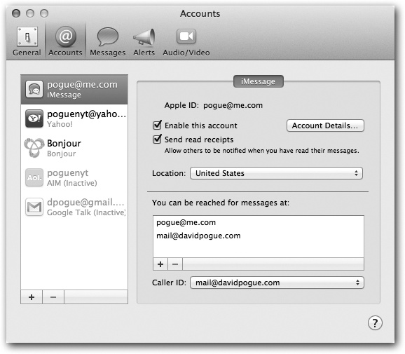 You have to specify an email address to anchor your iMessages life. You can specify more than one, actually (click the button under “You can be reached for messages at”). If you do that, you should also choose one that Messages will use as your return address (the “Caller ID” address).Turn on “Enable this account” to make it work. Turn on “Send read receipts” if you want your correspondents to know when you’ve read their messages.