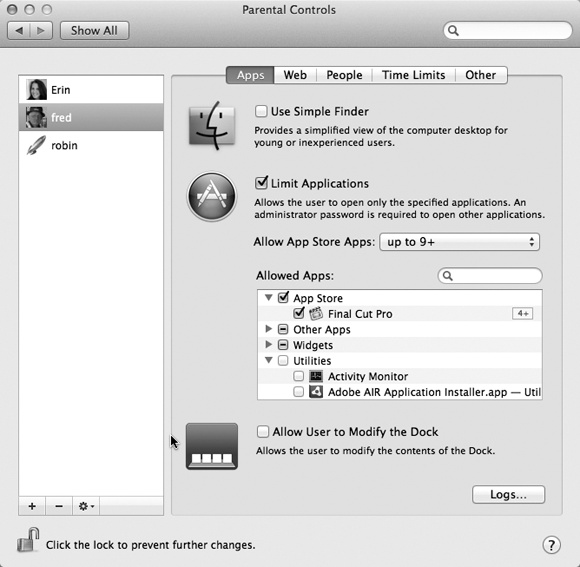 In the Parental Controls window, you can control the capabilities of any account holder on your Mac. If you turn on Limit Applications, then the lower half of the Apps tab window lets you choose applications (those from the Mac App Store and others), and even Dashboard widgets, by turning on the boxes next to their names. (Expand the flippy triangles if necessary.) Those are the only programs the account holder will be allowed to use. The search box helps you find certain programs without knowing their categories.