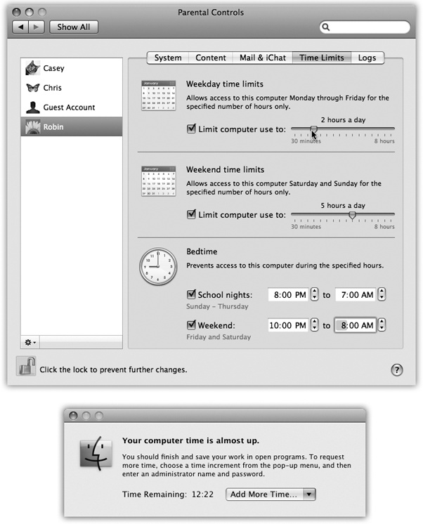 Top: If this account holder tries to log in outside the time limits you specify here, she’ll encounter only a box that says, “Computer time limits expired.” She’ll be offered a pop-up menu that grants her additional time, from 15 minutes to “Rest of the day”—but it requires your parental consent (actually, your parental password) to activate.Bottom: Similarly, as her time on the Mac winds down, she’ll get this message. Once again, you, the all-knowing administrator, can grant her more time using this dialog box.