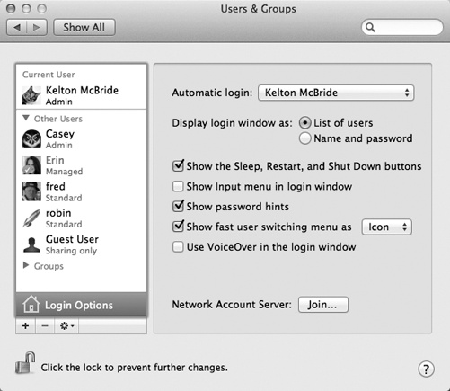 These options make it easier or harder for people to sign in, offering various degrees of security. By the way: Turning on “Name and password” also lets you sign in as >console, an advanced geeky troubleshooting technique. It’s also one way to sign in with the root account, if you’re Unixy enough to know what that is.