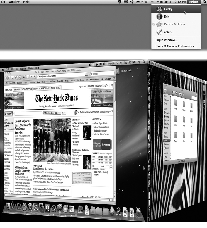 Top: The appearance of the Accounts menu lets you know that Fast User Switching is turned on. The circled checkmark indicates people who are already logged in, including those who have been “fast user switched” into the background. The dimmed name shows who’s logged in right now.Bottom: When the screen changes from your account to somebody else’s, your entire world slides visibly offscreen as though it’s mounted on the side of a rotating cube—a spectacular animation made possible by OS X’s Quartz Extreme graphics software.